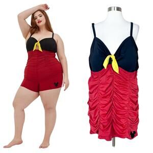 Torrid | Disney Mickey Mouse Red Black Ruched Shorts Style One Piece Swimsuit